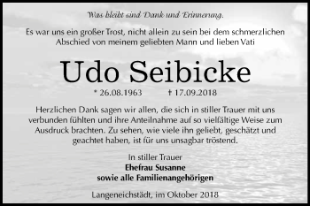 Traueranzeige von Udo Seibicke von WVG - Wochenspiegel Merseburg