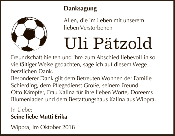 Traueranzeige von Uli Pätzold von Super Sonntag SGH Mansf. Land