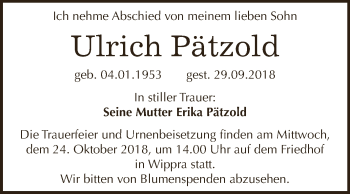 Traueranzeige von Ulrich Pätzold von Super Sonntag SGH Mansf. Land