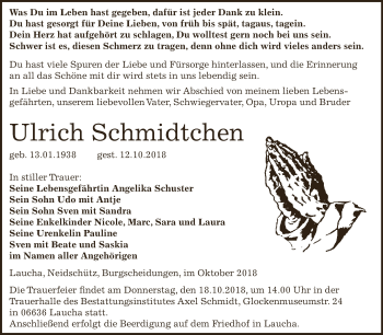 Traueranzeige von Ulrich Schmidtchen von WVG - Wochenspiegel NMB / WSF / ZTZ