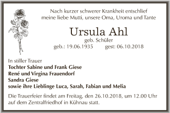 Traueranzeige von Ursula Ahl von WVG - Wochenspiegel Dessau / Köthen