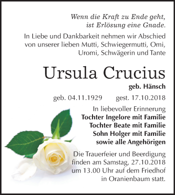 Traueranzeige von Ursula Crucius von Mitteldeutsche Zeitung