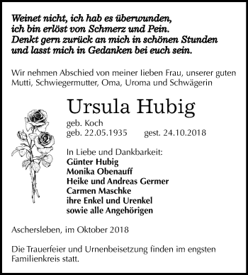 Traueranzeige von Ursula Hubig von Mitteldeutsche Zeitung Aschersleben