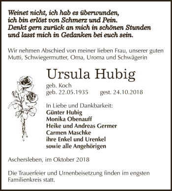 Traueranzeige von Ursula Hubig von Super Sonntag Aschersleben