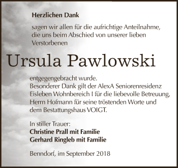 Traueranzeige von Ursula Pawlowski von Wochenspiegel Mansfelder Land