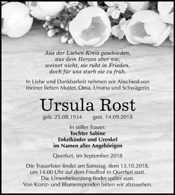 Traueranzeige von Ursula Rost von Mitteldeutsche Zeitung Merseburg/Querfurt