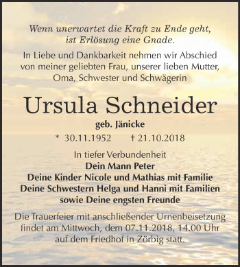 Traueranzeige von Ursula Schneider von WVG - Wochenspiegel Bitterfeld