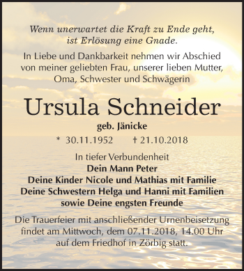 Traueranzeige von Ursula Schneider von Mitteldeutsche Zeitung Bitterfeld