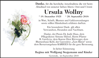 Traueranzeige von Ursula Wollny von Mitteldeutsche Zeitung Quedlinburg