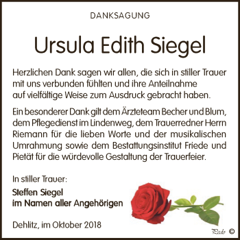 Traueranzeige von Ursula Edith Siegel von WVG - Wochenspiegel NMB / WSF / ZTZ