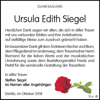 Traueranzeige von Ursula Edith Siegel von Mitteldeutsche Zeitung Weißenfels