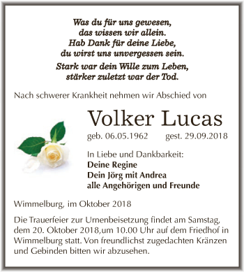 Traueranzeige von Volker Lucas von Wochenspiegel Mansfelder Land