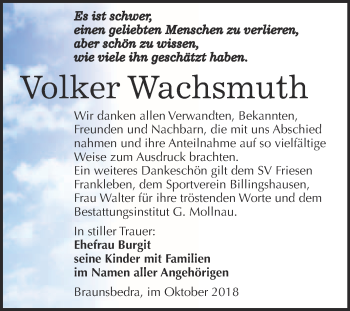 Traueranzeige von Volker Wachsmuth von WVG - Wochenspiegel Merseburg