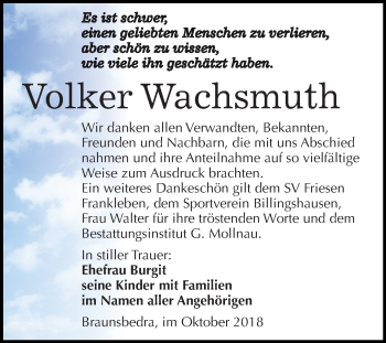 Traueranzeige von Volker Wachsmuth von Mitteldeutsche Zeitung Merseburg/Querfurt