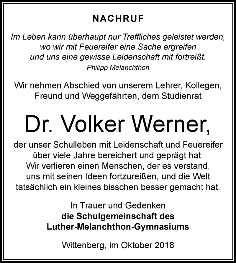  Traueranzeige für Volker Werner vom 20.10.2018 aus Mitteldeutsche Zeitung