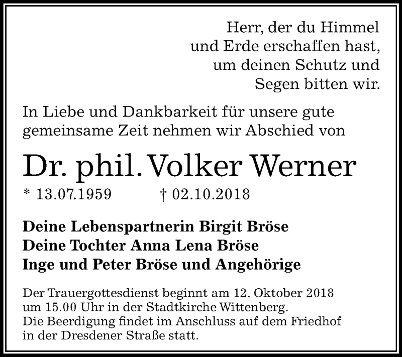  Traueranzeige für Volker Werner vom 10.10.2018 aus Mitteldeutsche Zeitung