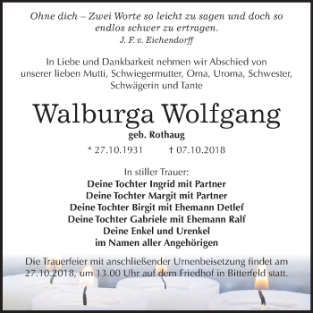 Traueranzeige von Walburga Wolfgang von Mitteldeutsche Zeitung Bitterfeld