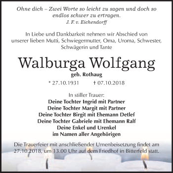 Traueranzeige von Walburga Wolfgang von WVG - Wochenspiegel Bitterfeld