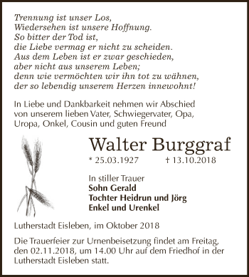 Traueranzeige von Walter Burggraf von Super Sonntag SGH Mansf. Land