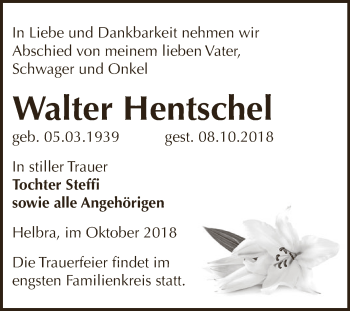 Traueranzeige von Walter Hentschel von Wochenspiegel Mansfelder Land