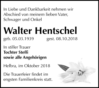 Traueranzeige von Walter Hentschel von Mitteldeutsche Zeitung