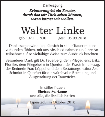 Traueranzeige von Walter Linke von Mitteldeutsche Zeitung Merseburg/Querfurt