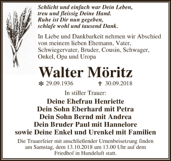 Traueranzeige von Walter Möritz von WVG - Wochenspiegel Dessau / Köthen
