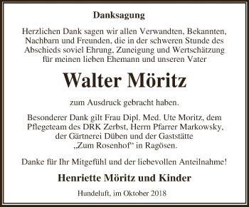Traueranzeige von Walter Möritz von WVG - Wochenspiegel Dessau / Köthen