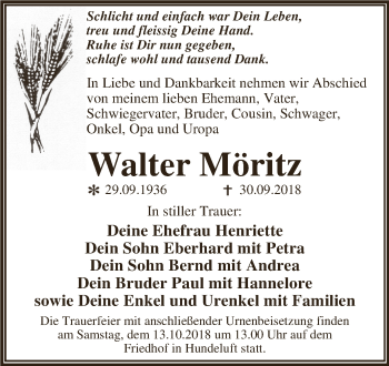 Traueranzeige von Walter Möritz von WVG - Wochenspiegel Dessau / Köthen