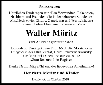 Traueranzeige von Walter Möritz von Mitteldeutsche Zeitung Dessau-Roßlau