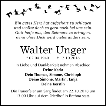 Traueranzeige von Walter Unger von Mitteldeutsche Zeitung Bitterfeld