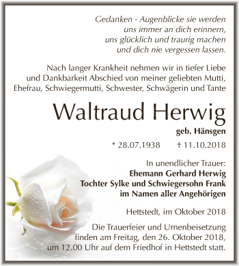 Traueranzeige von Waltraud Herwig von Super Sonntag SGH Mansf. Land