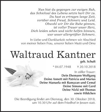 Traueranzeige von Waltraud Kantner von WVG - Wochenspiegel Wittenberg