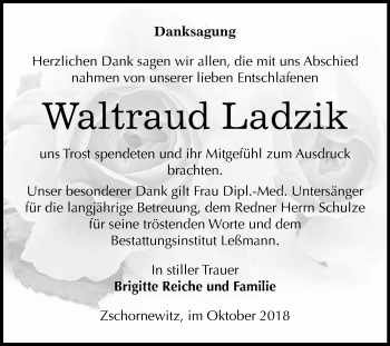 Traueranzeige von Waltraud Ladzik von WVG - Wochenspiegel Wittenberg