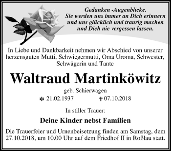 Traueranzeige von Waltraud Martinköwitz von Mitteldeutsche Zeitung Dessau-Roßlau