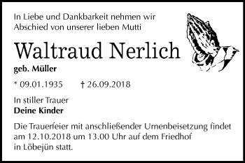 Traueranzeige von Waltraud Nerlich von Mitteldeutsche Zeitung Halle/Saalkreis
