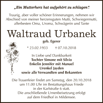 Traueranzeige von Waltraud Urbanek von WVG - Wochenspiegel Dessau / Köthen