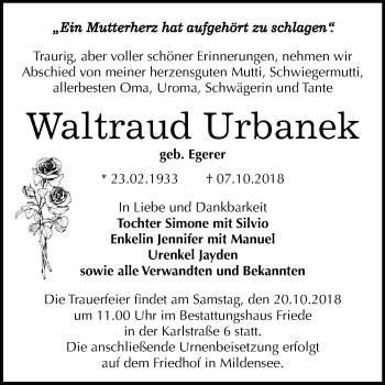 Traueranzeige von Waltraud Urbanek von Mitteldeutsche Zeitung
