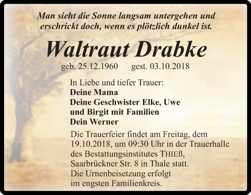  Traueranzeige für Waltraut Drabke vom 13.10.2018 aus Mitteldeutsche Zeitung Quedlinburg