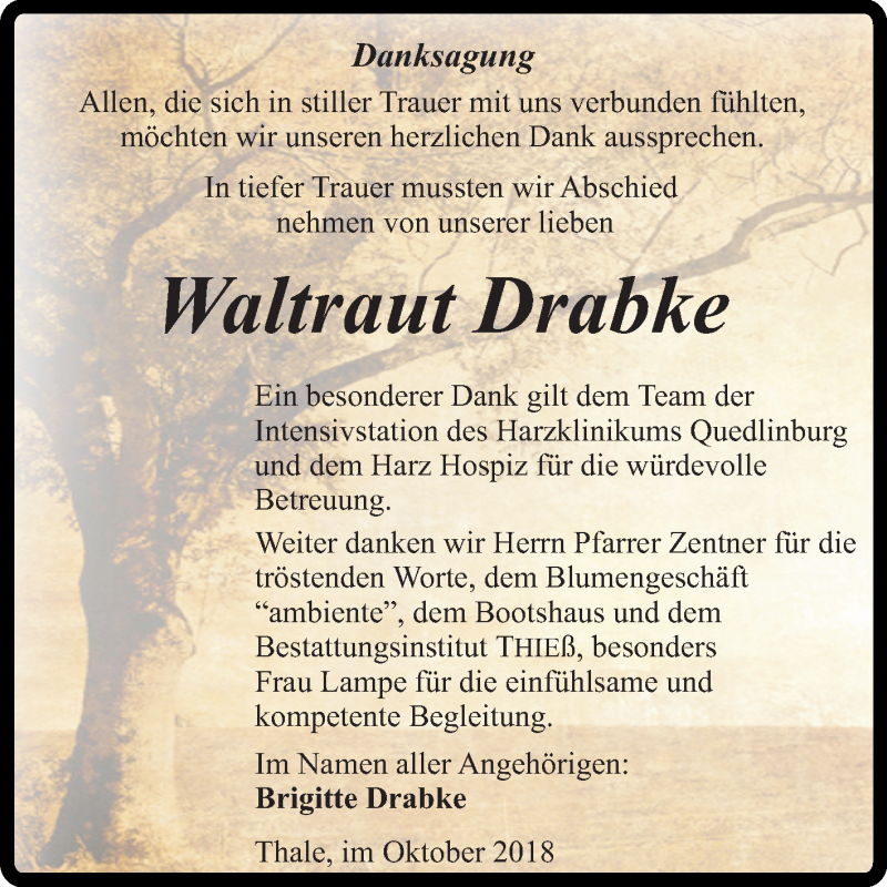  Traueranzeige für Waltraut Drabke vom 27.10.2018 aus Mitteldeutsche Zeitung Quedlinburg