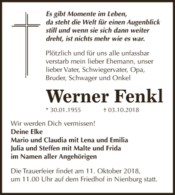 Traueranzeige von Werner Fenkl von Super Sonntag Bernburg