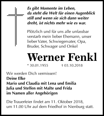 Traueranzeige von Werner Fenkl von Mitteldeutsche Zeitung Bernburg