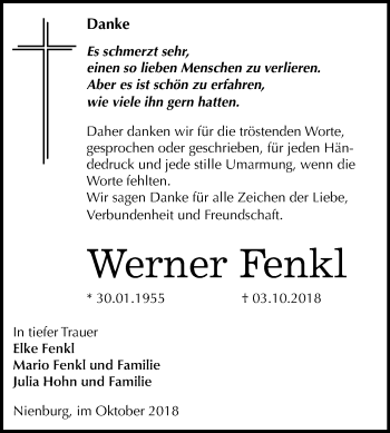 Traueranzeige von Werner Fenkl von Mitteldeutsche Zeitung Bernburg