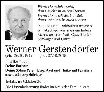 Traueranzeige von Werner Gerstendörfer von Mitteldeutsche Zeitung