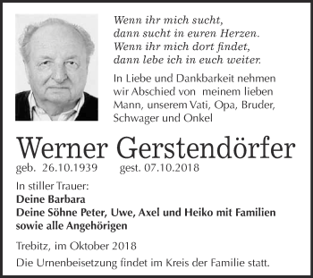 Traueranzeige von Werner Gerstendörfer von WVG - Wochenspiegel Wittenberg