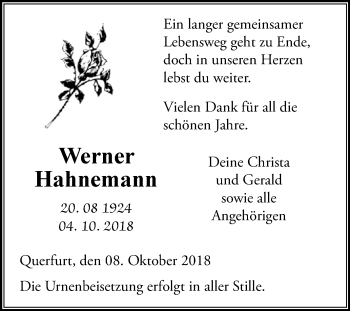Traueranzeige von Werner Hahnemann von WVG - Wochenspiegel Merseburg