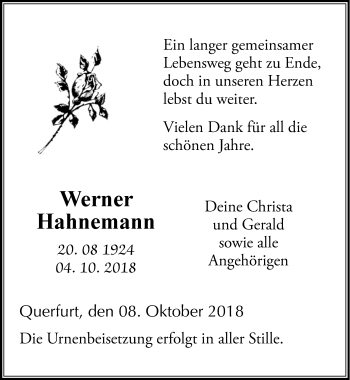 Traueranzeige von Werner Hahnemann von Mitteldeutsche Zeitung Merseburg/Querfurt