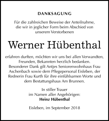 Traueranzeige von Werner Hübenthal von Mitteldeutsche Zeitung