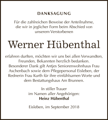 Traueranzeige von Werner Hübenthal von Wochenspiegel Mansfelder Land
