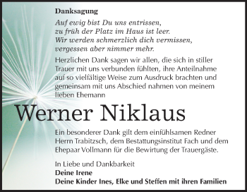 Traueranzeige von Werner Niklaus von Mitteldeutsche Zeitung Merseburg/Querfurt